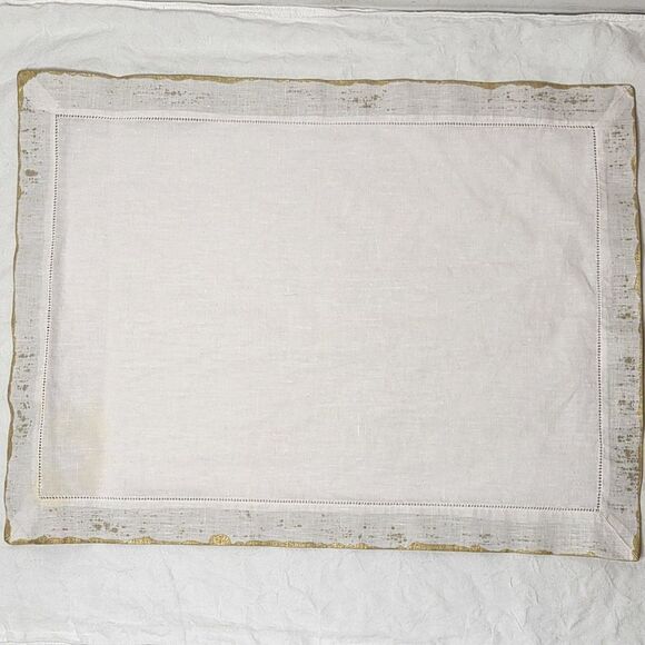 7 antique white linen placemats festive gold trim - Picture 4 of 10